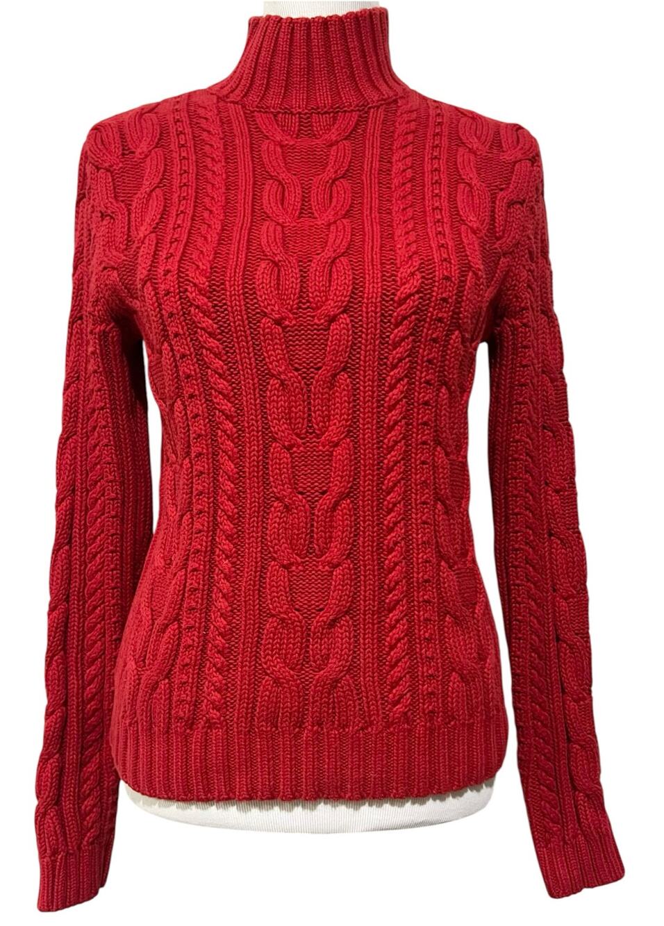 Chaps Womens Sweater Red Cable Knit Cotton Turtleneck Cozy Size Medium